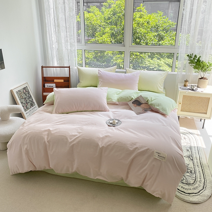 91家纺网 家纺一手货源 找家纺 寐居2023新款水洗棉四件套  奶油玉+橄榄绿