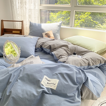 寐居2023新款水洗棉四件套  深蓝+浅灰