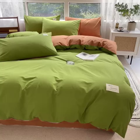 91家纺网 家纺一手货源 找家纺 寐居2023新款水洗棉四件套  军绿+焦糖