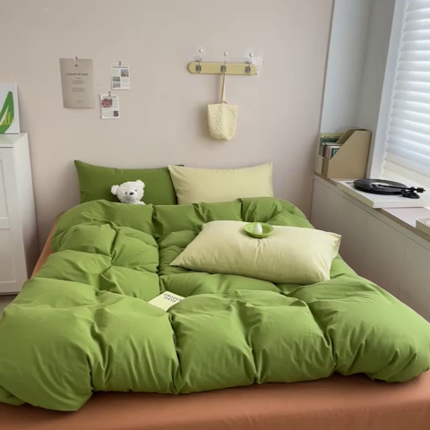 91家纺网 家纺一手货源 找家纺 寐居2023新款水洗棉四件套  ins风-草绿色
