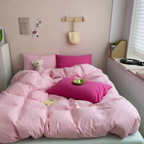 91家纺网 家纺一手货源 找家纺 寐居2023新款水洗棉四件套  ins风-樱花粉