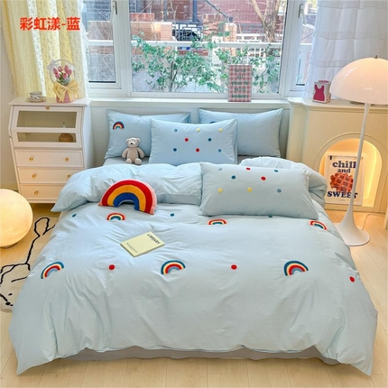 寐居2023新款绣花款水洗棉四件套  彩虹漾-蓝