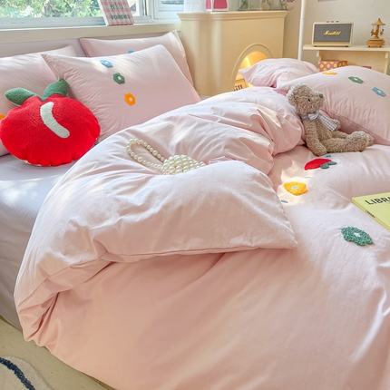 寐居2023新款绣花款水洗棉四件套  甜蜜桃桃-粉玉