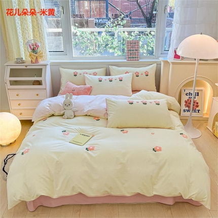 寐居2023新款绣花款水洗棉四件套  花儿朵朵-米黄