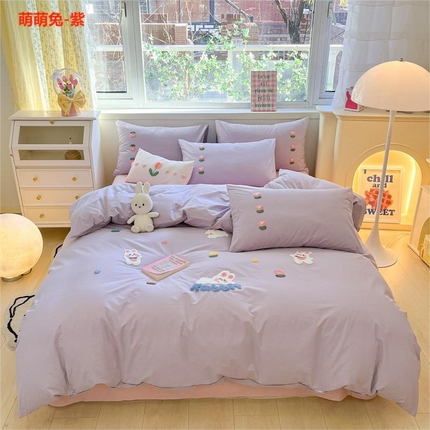 91家纺网 家纺一手货源 找家纺 寐居2023新款绣花款水洗棉四件套  萌萌兔-紫