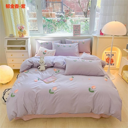 91家纺网 家纺一手货源 找家纺 寐居2023新款绣花款水洗棉四件套  郁金香-紫