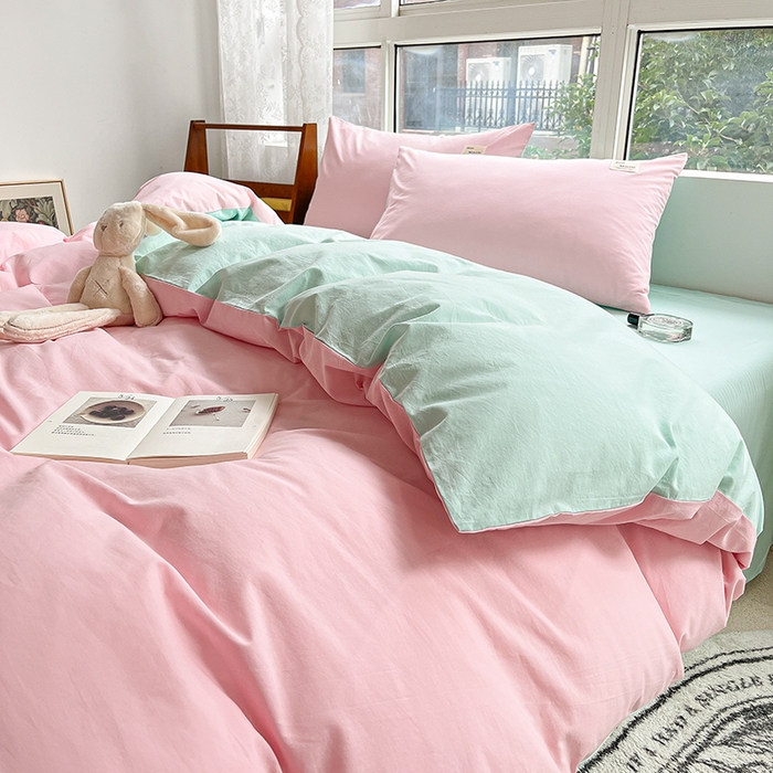 91家纺网 家纺一手货源 找家纺 寐居2023新款水洗棉单被套  深粉+湖蓝