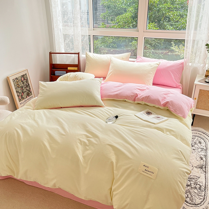 91家纺网 家纺一手货源 找家纺 寐居2023新款水洗棉单被套  米黄+深粉