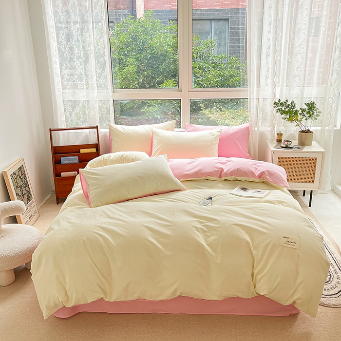 91家纺网 家纺一手货源 找家纺 寐居2023新款水洗棉单被套  米黄+深粉