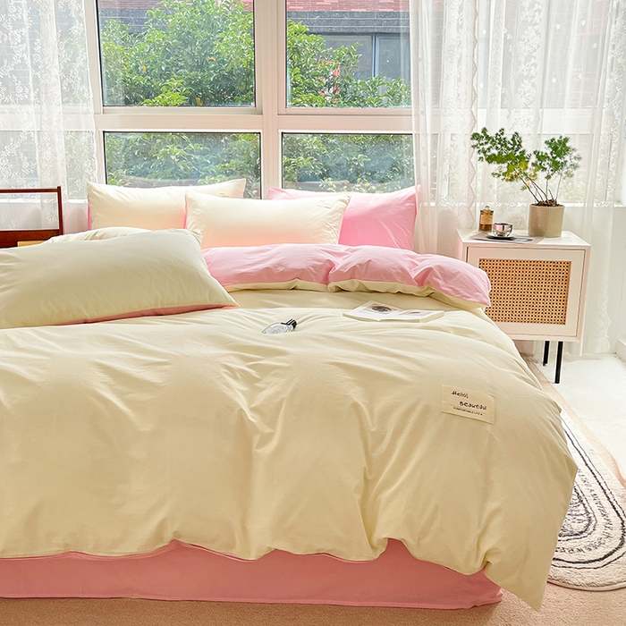 91家纺网 家纺一手货源 找家纺 寐居2023新款水洗棉单被套  米黄+深粉