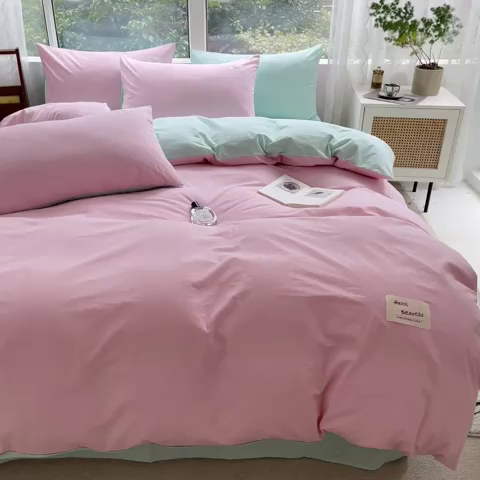 91家纺网 家纺一手货源 找家纺 寐居2023新款水洗棉单被套  深粉+湖蓝
