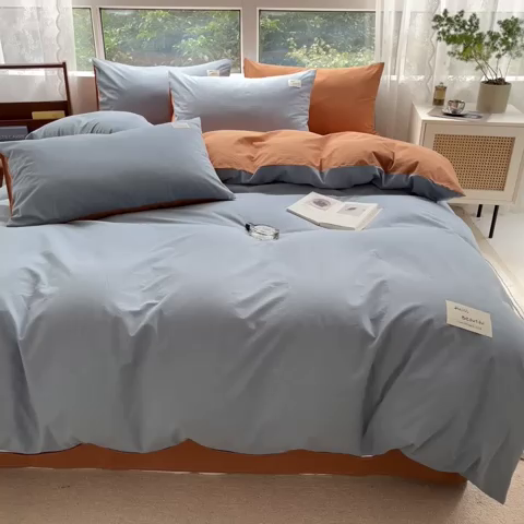 91家纺网 家纺一手货源 找家纺 寐居2023新款水洗棉单被套  深蓝+焦糖