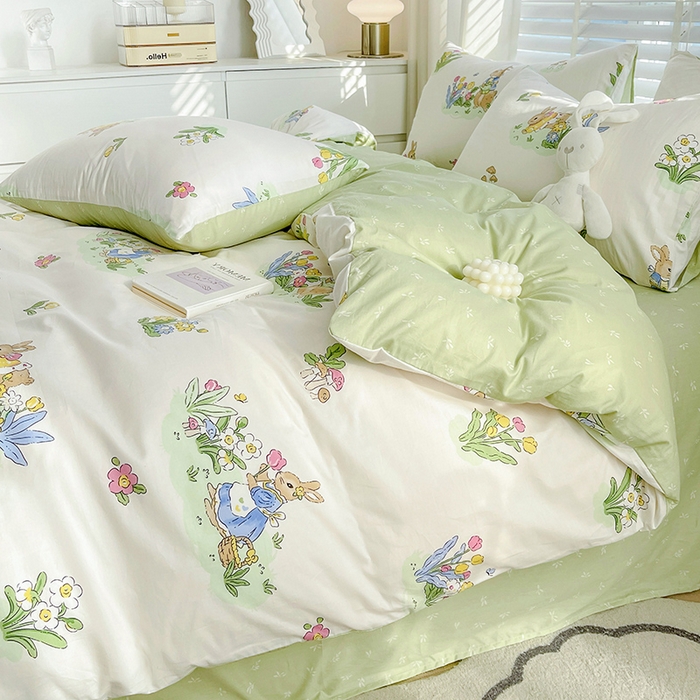 91家纺网 家纺一手货源 找家纺 梦家居 2023春季新品小清新系列3-全棉四件套 小兔先生