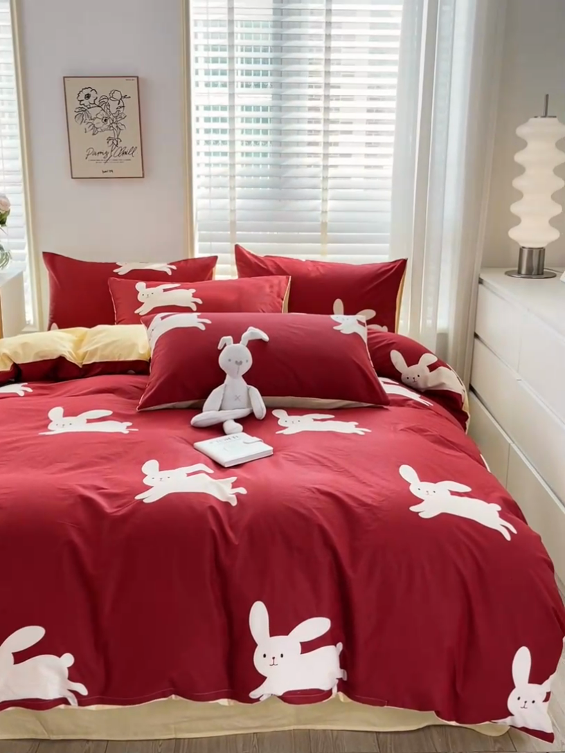 91家纺网 家纺一手货源 找家纺 梦家居 2023春季新品小清新系列3-全棉四件套 小红兔