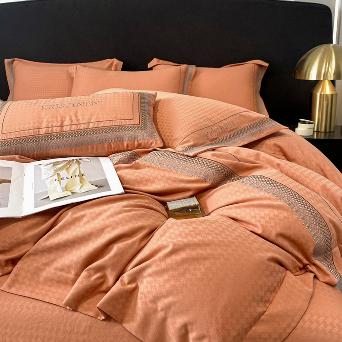 91家纺网 家纺一手货源 找家纺 安妮 2023新款提花刺绣四件套-缇娜夫人 缇娜夫人-桔