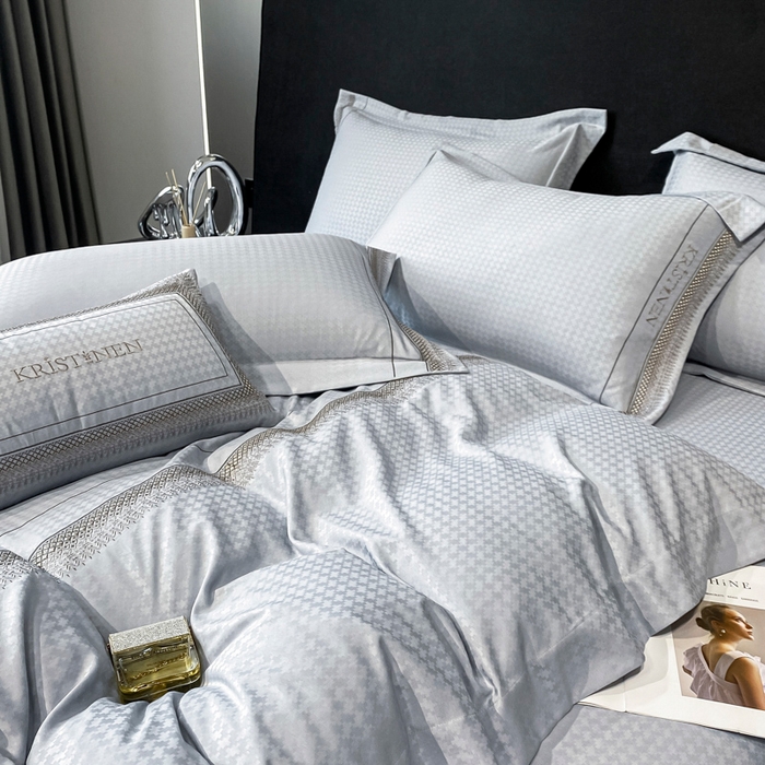 91家纺网 家纺一手货源 找家纺 安妮 2023新款提花刺绣四件套-缇娜夫人 缇娜夫人-蓝灰