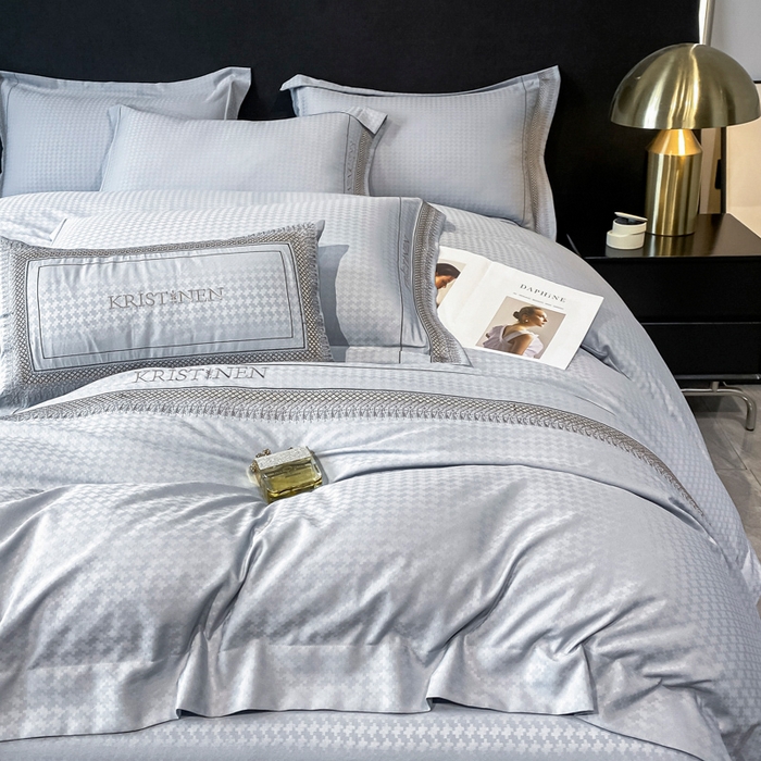 91家纺网 家纺一手货源 找家纺 安妮 2023新款提花刺绣四件套-缇娜夫人 缇娜夫人-蓝灰