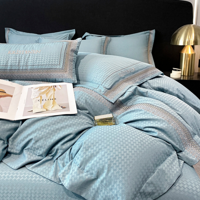 91家纺网 家纺一手货源 找家纺 安妮 2023新款提花刺绣四件套-缇娜夫人 缇娜夫人-星蓝