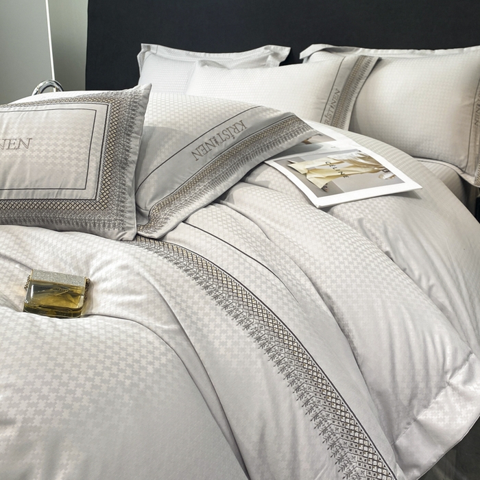 91家纺网 家纺一手货源 找家纺 安妮 2023新款提花刺绣四件套-缇娜夫人 缇娜夫人-象牙灰