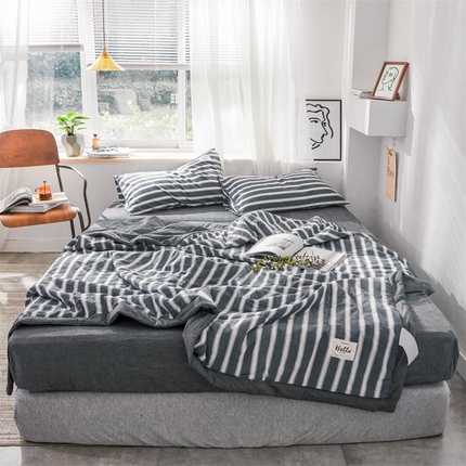 91家纺网 家纺一手货源 找家纺 北欧良品 水洗棉夏被四件套水洗棉空调被夏凉被无印良品-灰粗条