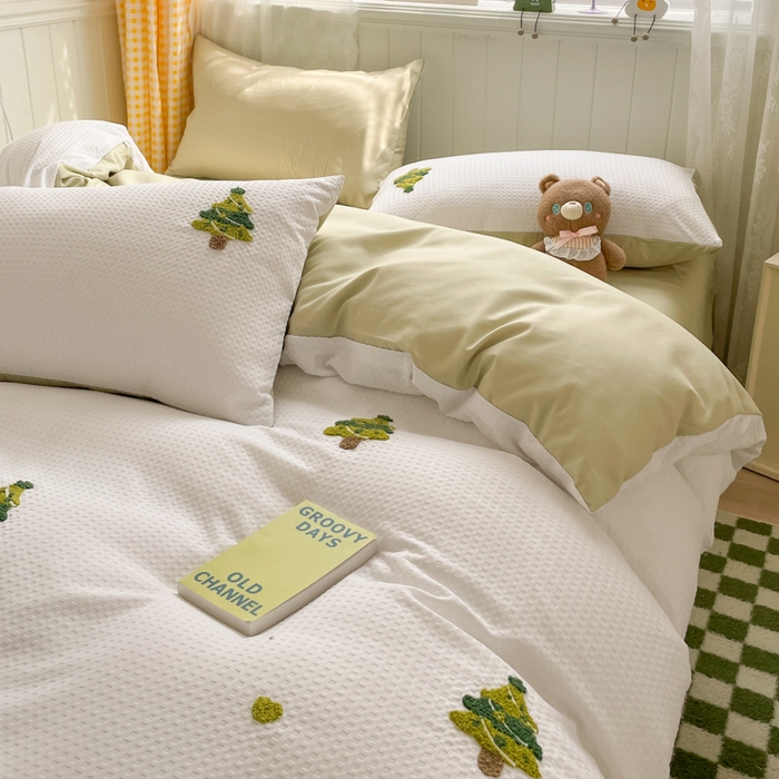 91家纺网 家纺一手货源 找家纺 （总）慕澄 2023新款高克重小清新华夫格毛巾绣系列四件套