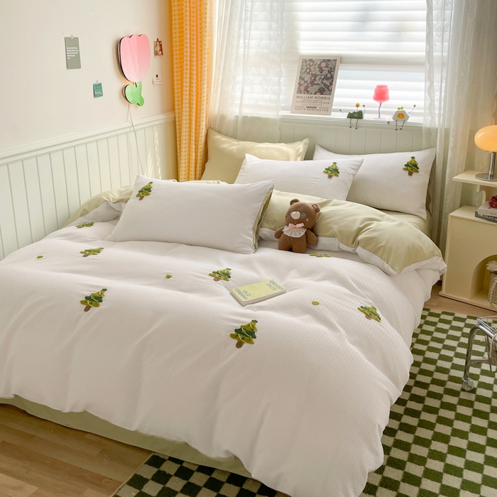 91家纺网 家纺一手货源 找家纺 （总）慕澄 2023新款高克重小清新华夫格毛巾绣系列四件套