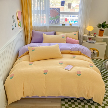 慕澄 2023新款高克重小清新华夫格毛巾绣系列四件套 小花-黄+紫