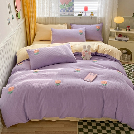 慕澄 2023新款高克重小清新华夫格毛巾绣系列四件套 小花-紫+米黄
