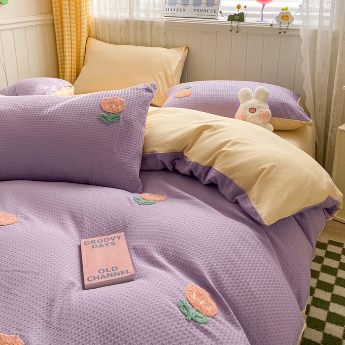 91家纺网 家纺一手货源 找家纺 慕澄 2023新款高克重小清新华夫格毛巾绣系列四件套 小花-紫+米黄