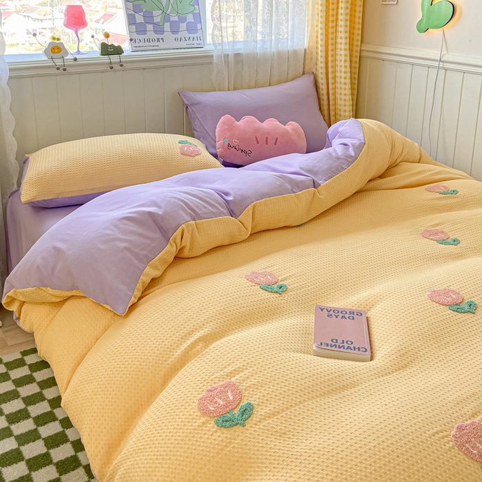 91家纺网 家纺一手货源 找家纺 慕澄 2023新款高克重小清新华夫格毛巾绣系列四件套 小花-黄+紫