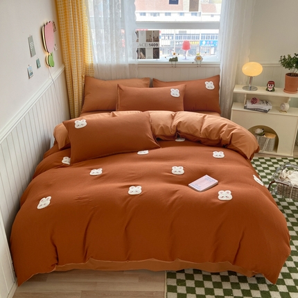 慕澄 2023新款高克重小清新华夫格毛巾绣系列四件套 小兔-咖啡