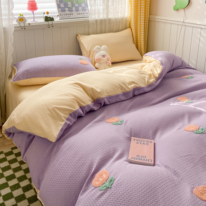 91家纺网 家纺一手货源 找家纺 慕澄 2023新款高克重小清新华夫格毛巾绣系列四件套 小花-紫+米黄