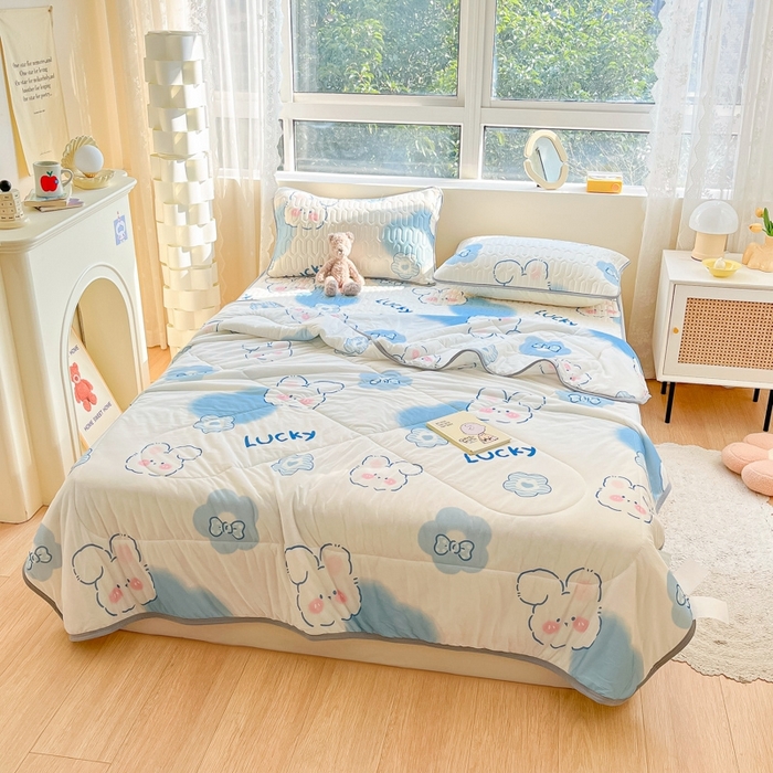 91家纺网 家纺一手货源 找家纺 沐慕2023新款凉感丝夏被四件套 爱心小兔