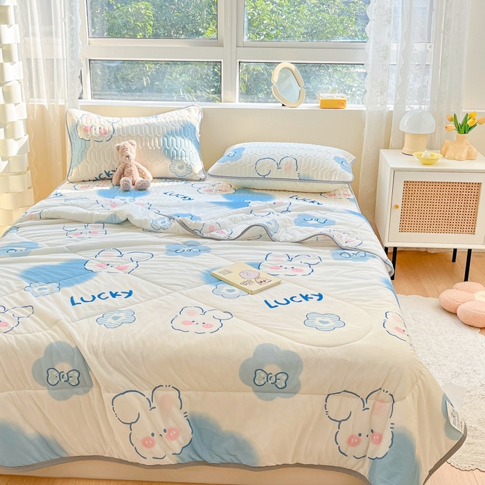 91家纺网 家纺一手货源 找家纺 沐慕2023新款凉感丝夏被四件套 爱心小兔