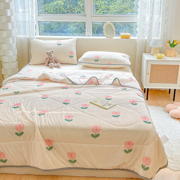 91家纺网 家纺一手货源 找家纺 沐慕2023新款凉感丝夏被四件套 郁金香