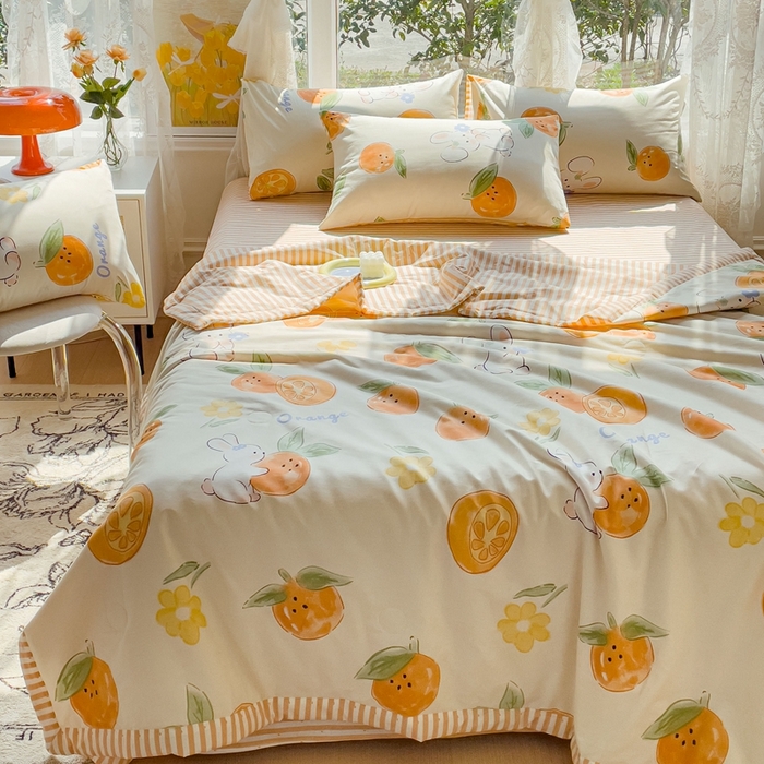 91家纺网 家纺一手货源 找家纺 金丝鸟 2023新款全棉大豆夏被四件套 心想事橙