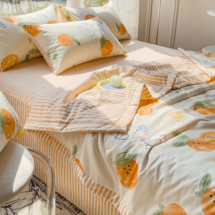 91家纺网 家纺一手货源 找家纺 金丝鸟 2023新款全棉大豆夏被四件套 心想事橙