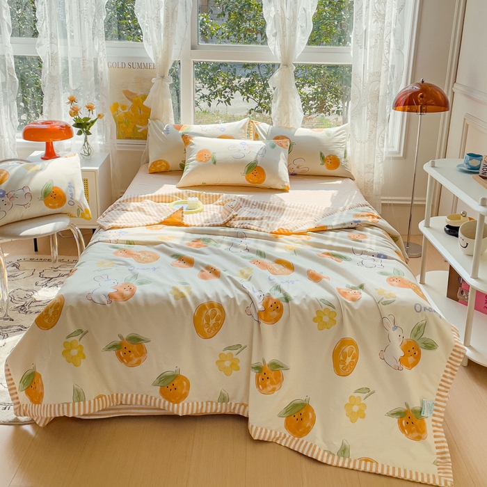 91家纺网 家纺一手货源 找家纺 金丝鸟 2023新款全棉大豆夏被四件套 心想事橙