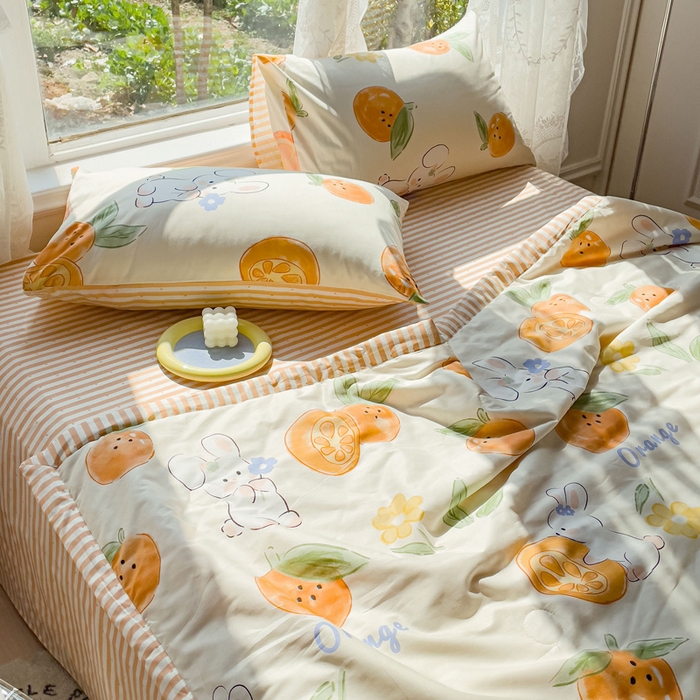 91家纺网 家纺一手货源 找家纺 金丝鸟 2023新款全棉大豆夏被四件套 心想事橙