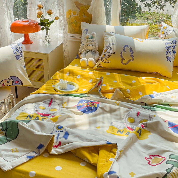 91家纺网 家纺一手货源 找家纺 金丝鸟 2023新款全棉大豆夏被四件套 打怪兽