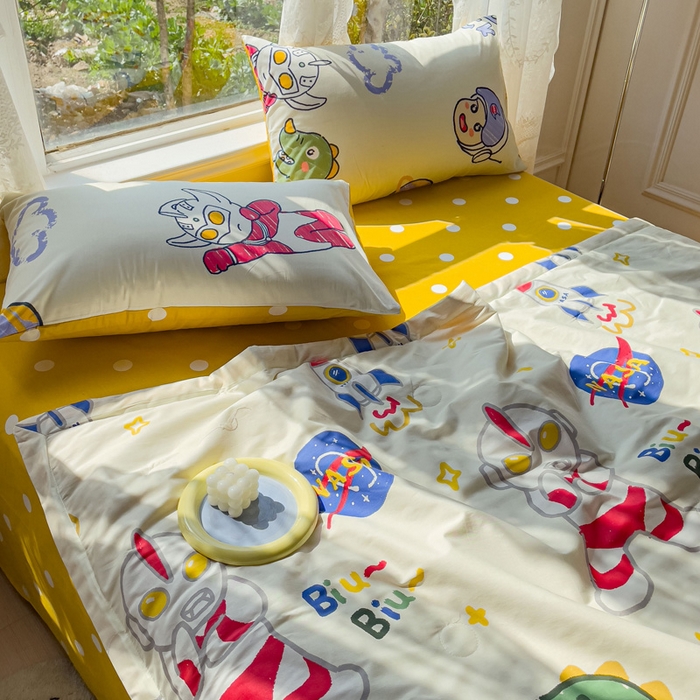 91家纺网 家纺一手货源 找家纺 金丝鸟 2023新款全棉大豆夏被四件套 打怪兽