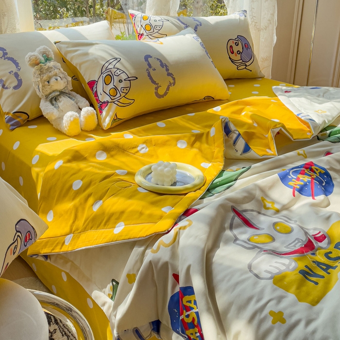 91家纺网 家纺一手货源 找家纺 金丝鸟 2023新款全棉大豆夏被四件套 打怪兽