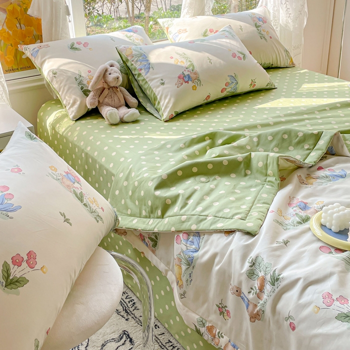 91家纺网 家纺一手货源 找家纺 金丝鸟 2023新款全棉大豆夏被四件套 温馨小兔