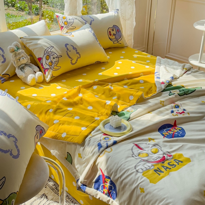 91家纺网 家纺一手货源 找家纺 金丝鸟 2023新款全棉大豆夏被四件套 打怪兽