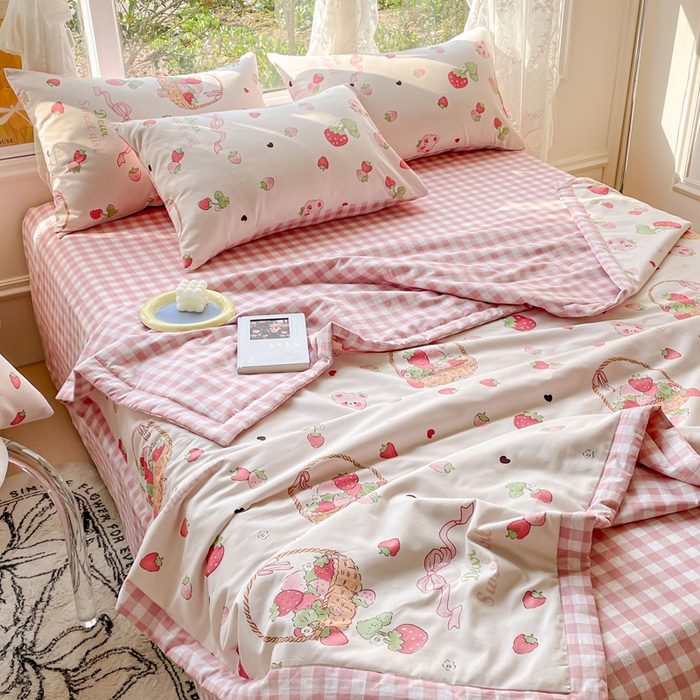 91家纺网 家纺一手货源 找家纺 金丝鸟 2023新款全棉大豆夏被四件套 草莓篮子