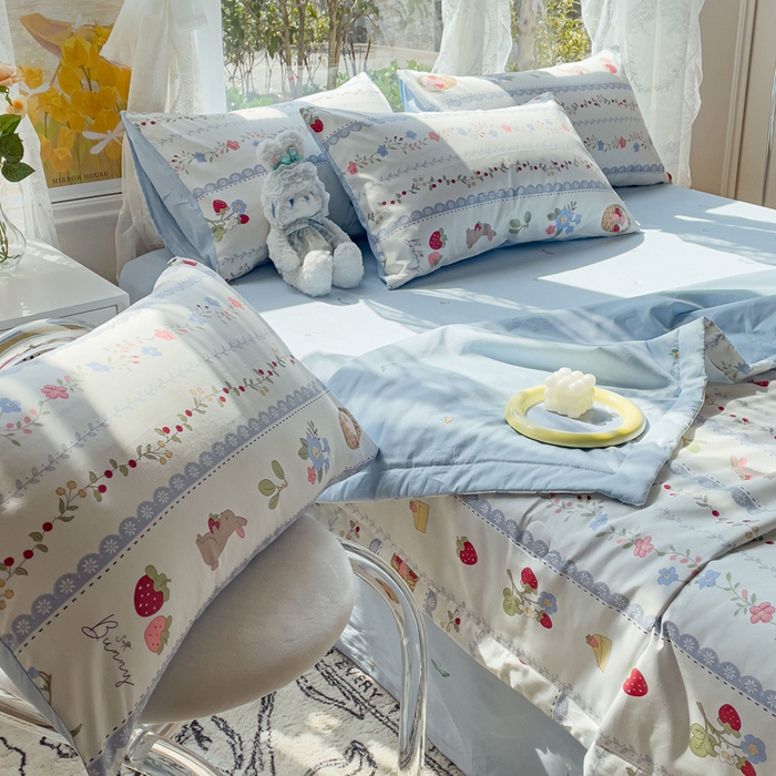 91家纺网 家纺一手货源 找家纺 金丝鸟 2023新款全棉大豆夏被四件套 蓝色花园