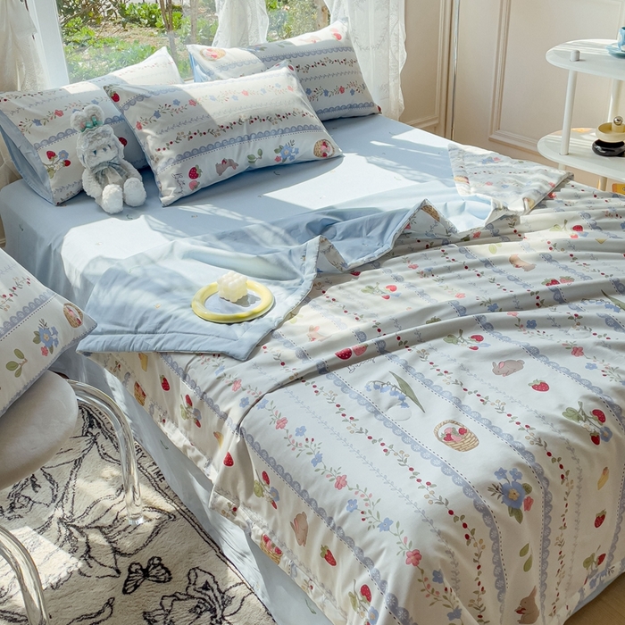 91家纺网 家纺一手货源 找家纺 金丝鸟 2023新款全棉大豆夏被四件套 蓝色花园