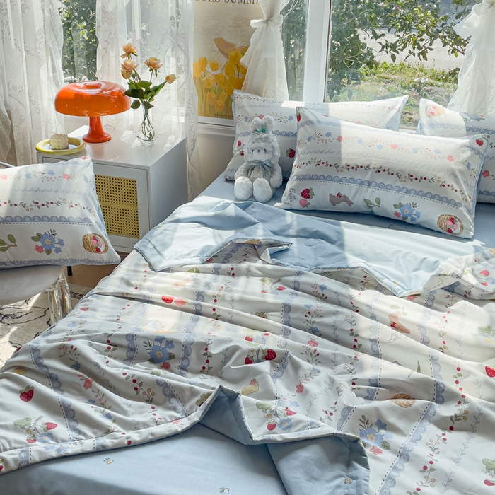91家纺网 家纺一手货源 找家纺 金丝鸟 2023新款全棉大豆夏被四件套 蓝色花园