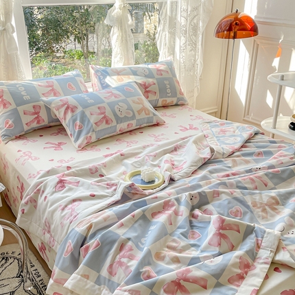 金丝鸟 2023新款全棉大豆夏被四件套 领结兔