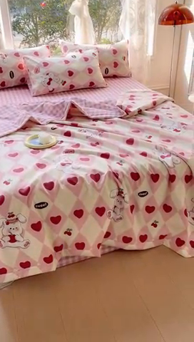 91家纺网 家纺一手货源 找家纺 金丝鸟 2023新款全棉大豆夏被四件套 英伦爱心